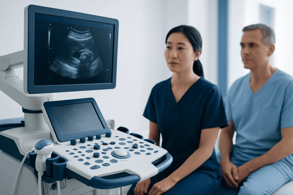 Medical professionals reviewing an ultrasound scan in a hospital setting.