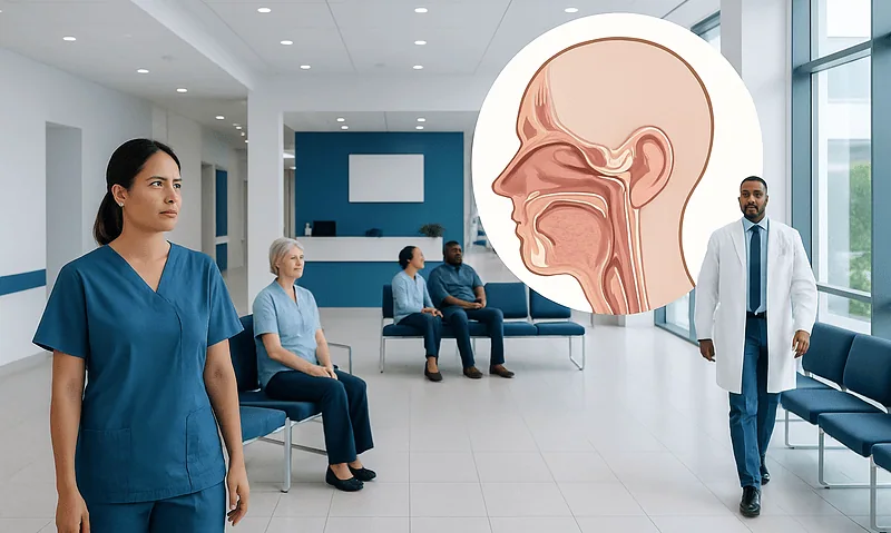 Medical illustration of the Eustachian tube anatomy in a hospital setting.