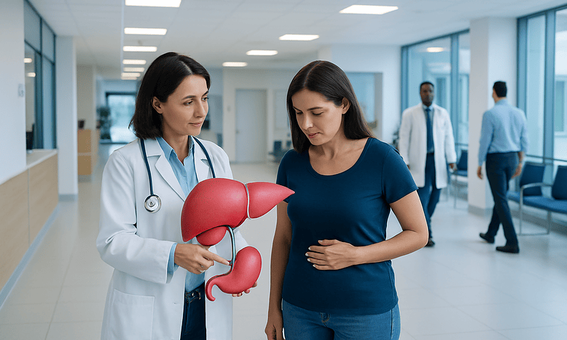 Health Library 18 Doctor explaining gallbladder health to a patient in hospital corridor.