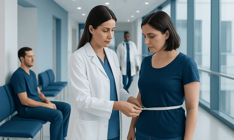 Doctor measuring woman's waist in a hospital corridor.