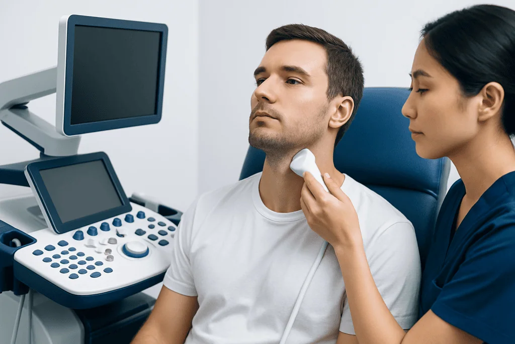 Doctor performing ultrasound examination on male patient in clinic.