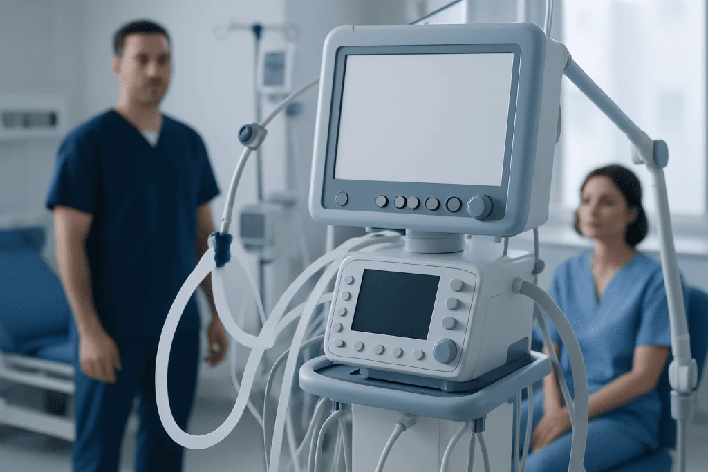 Medical ventilator in a hospital room with healthcare professionals.