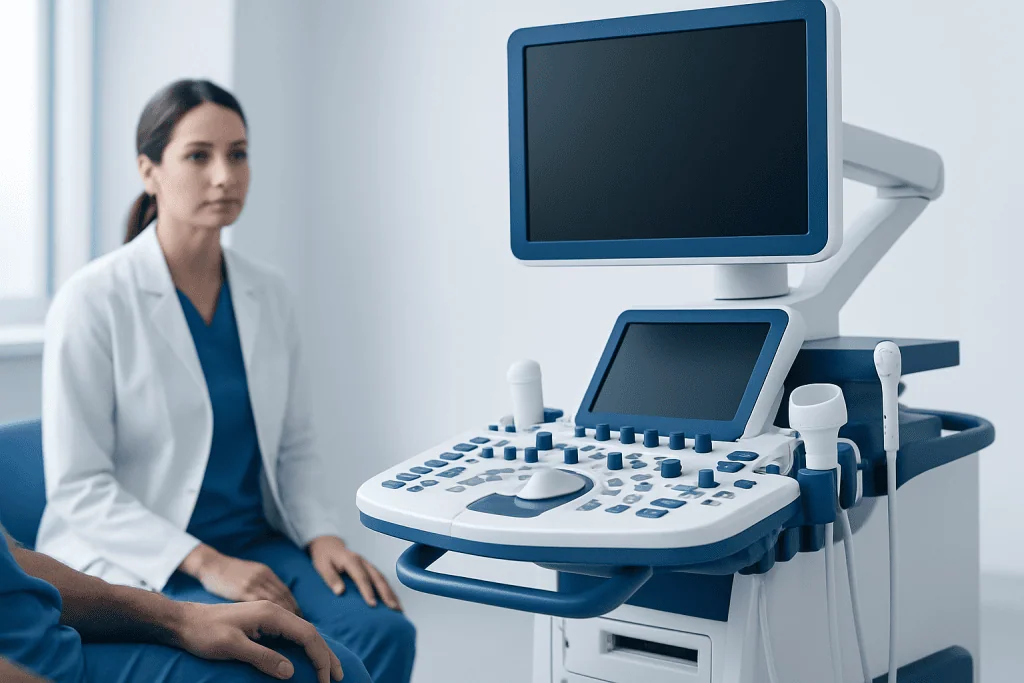 Medical ultrasound machine in a hospital setting with a patient and healthcare professional.