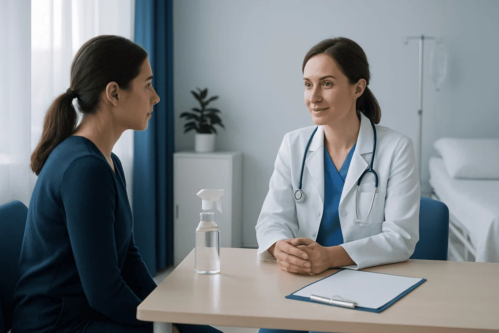 Doctor consulting with patient in a medical office setting.