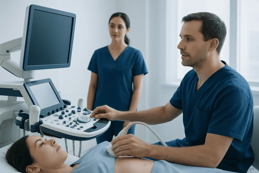 Medical professionals performing an ultrasound examination on a patient in a hospital.