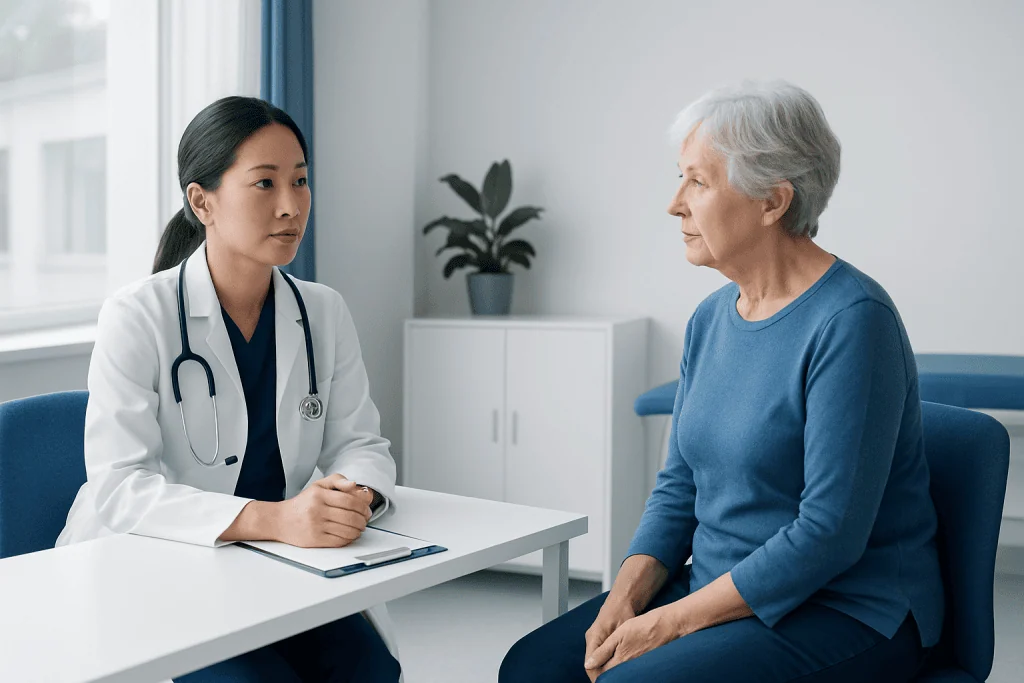 Doctor consulting with elderly patient in a modern hospital room.