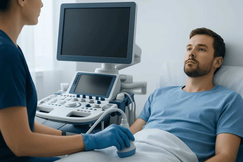 Doctor performing an ultrasound exam on a male patient in a hospital room.