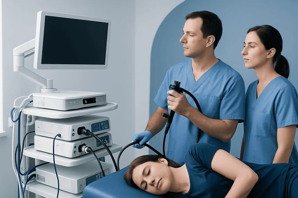 Medical professionals performing a colonoscopy procedure in a hospital setting.