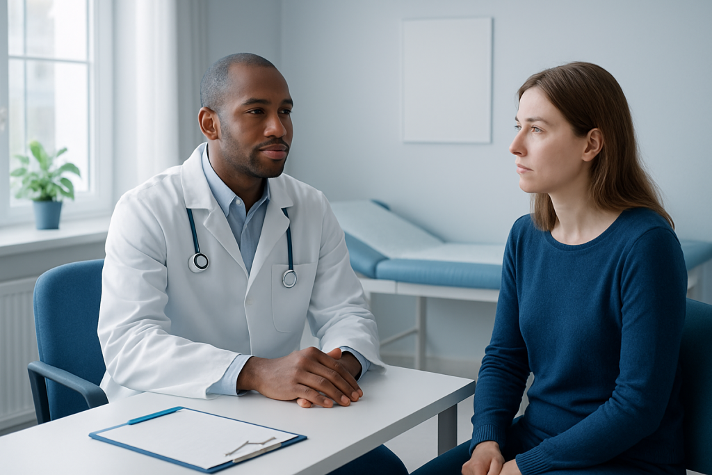 Doctor consulting with a female patient in a medical office.