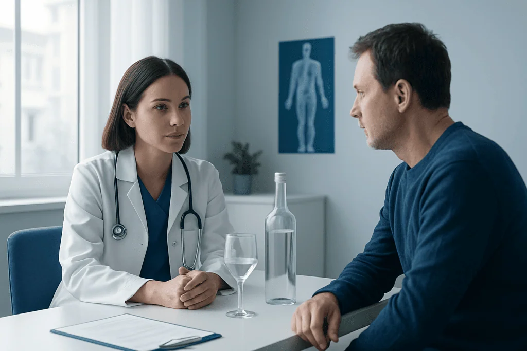 Doctor consulting with male patient in a medical office setting.