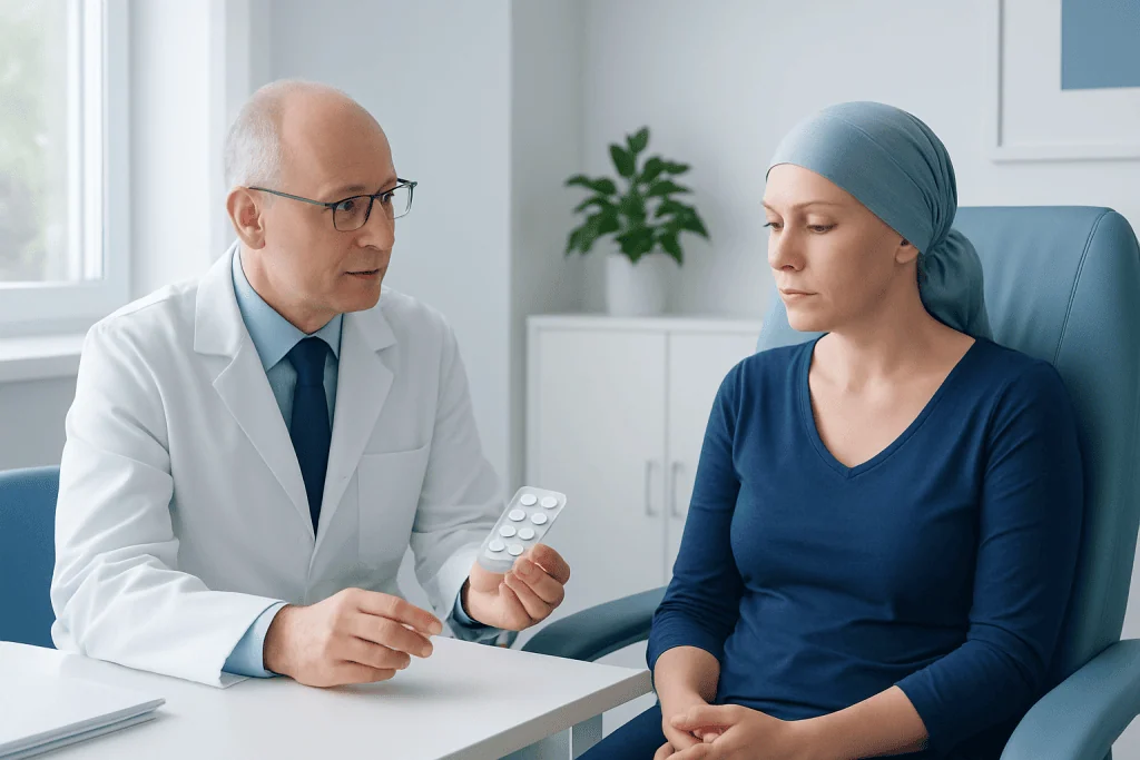 Doctor explaining anti-nausea medication to a patient during chemotherapy consultation.