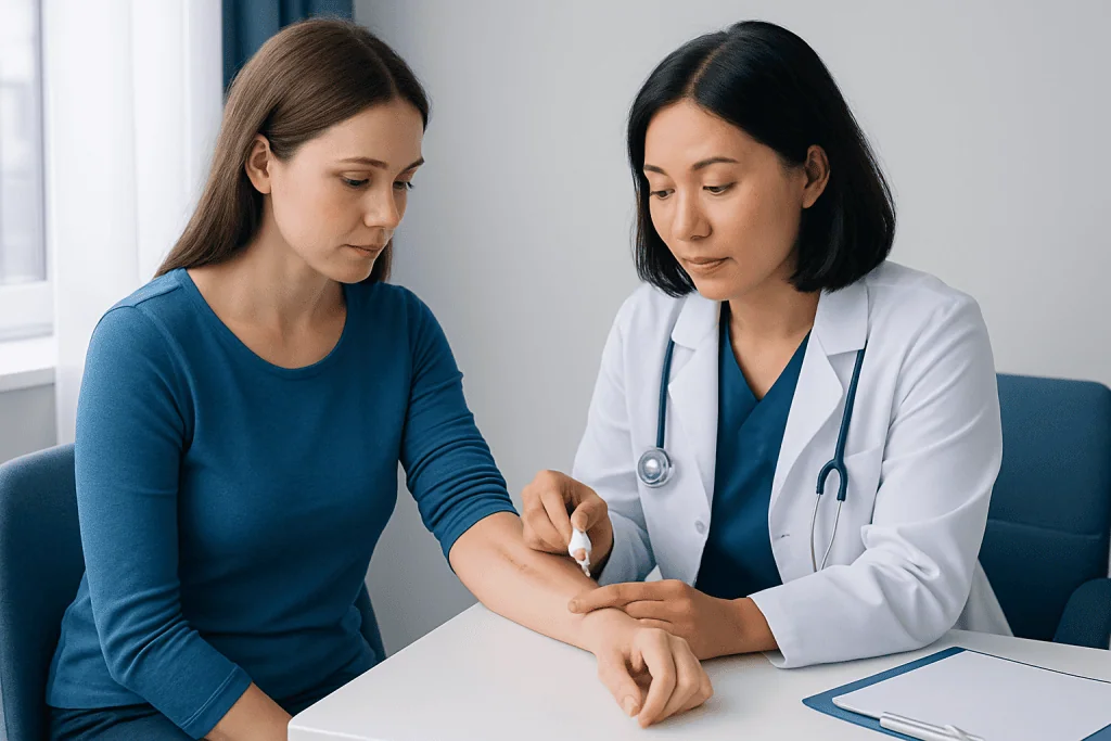 Doctor treating a woman for a skin injury on her arm in a clinical setting.
