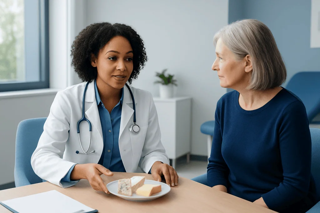 Doctor discussing cheese and cholesterol with an elderly patient.