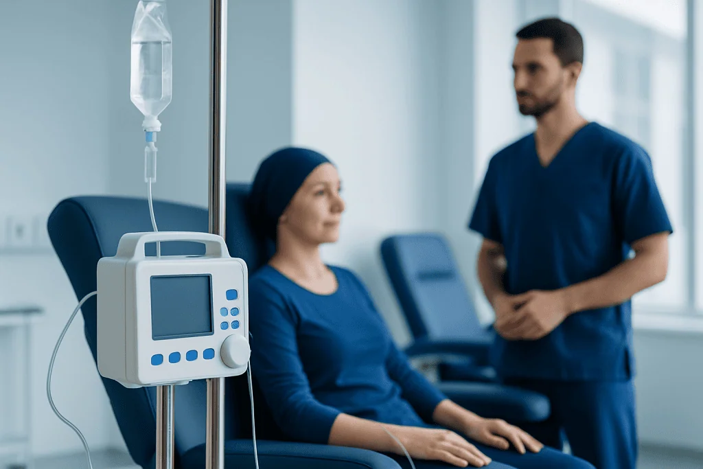 Patient receiving IV chemotherapy in hospital setting.