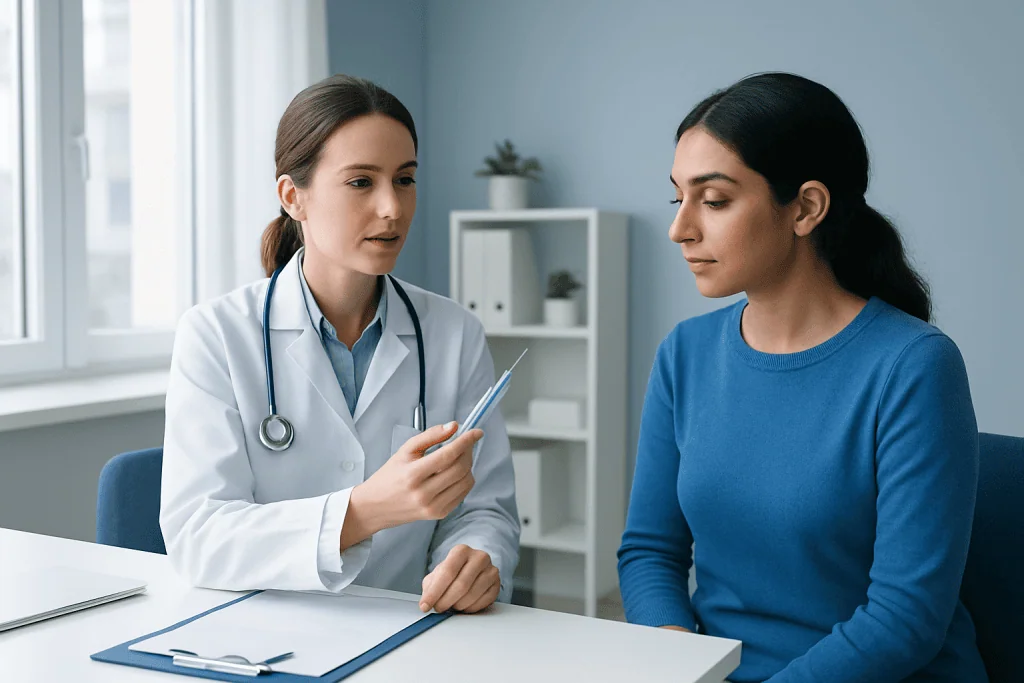 Doctor explaining treatment options to a patient in a medical consultation.