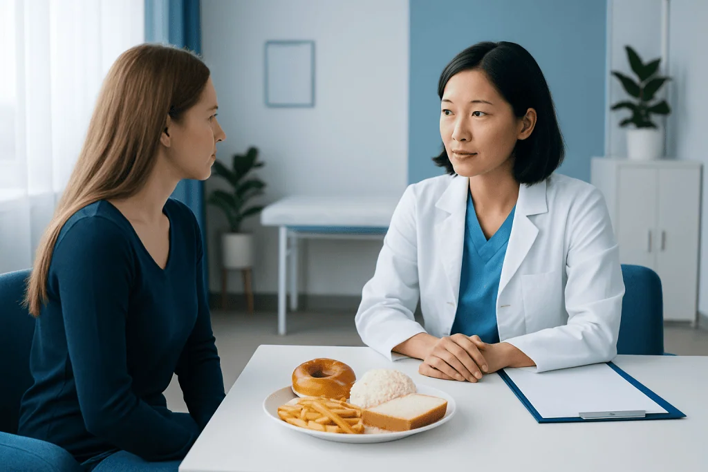 Doctor consulting with patient about diet and health in a clinical setting.