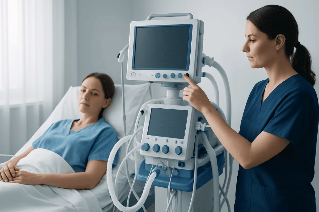 Medical professional operating ventilator in hospital room with patient.