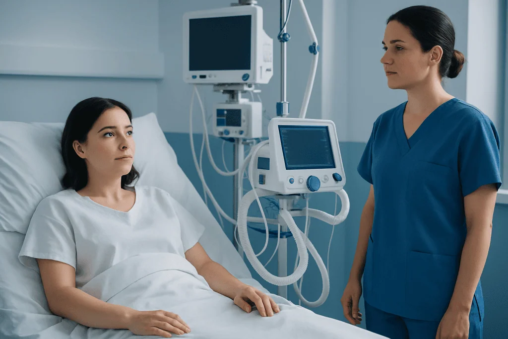 Hospital room with patient and nurse, medical equipment in background.