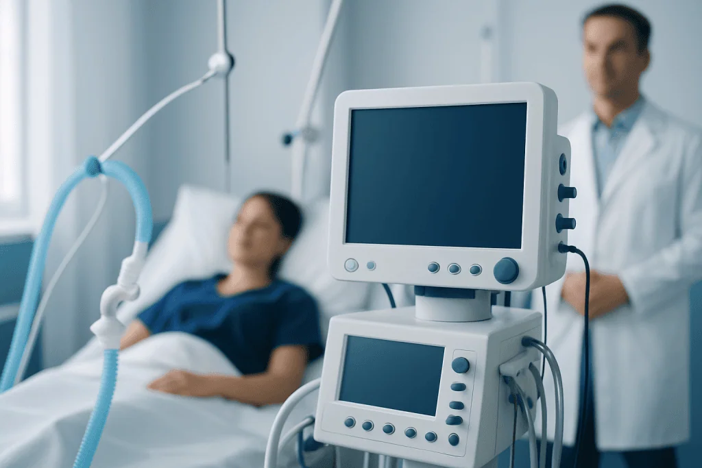 Hospital patient monitor in a medical setting with a patient and doctor.