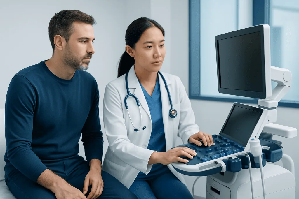 Doctor performing ultrasound scan on male patient in hospital.