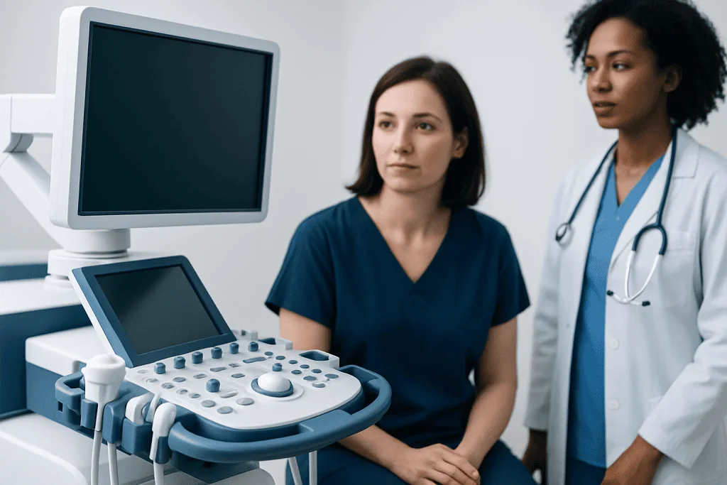 Medical professionals using ultrasound equipment in a clinical setting.