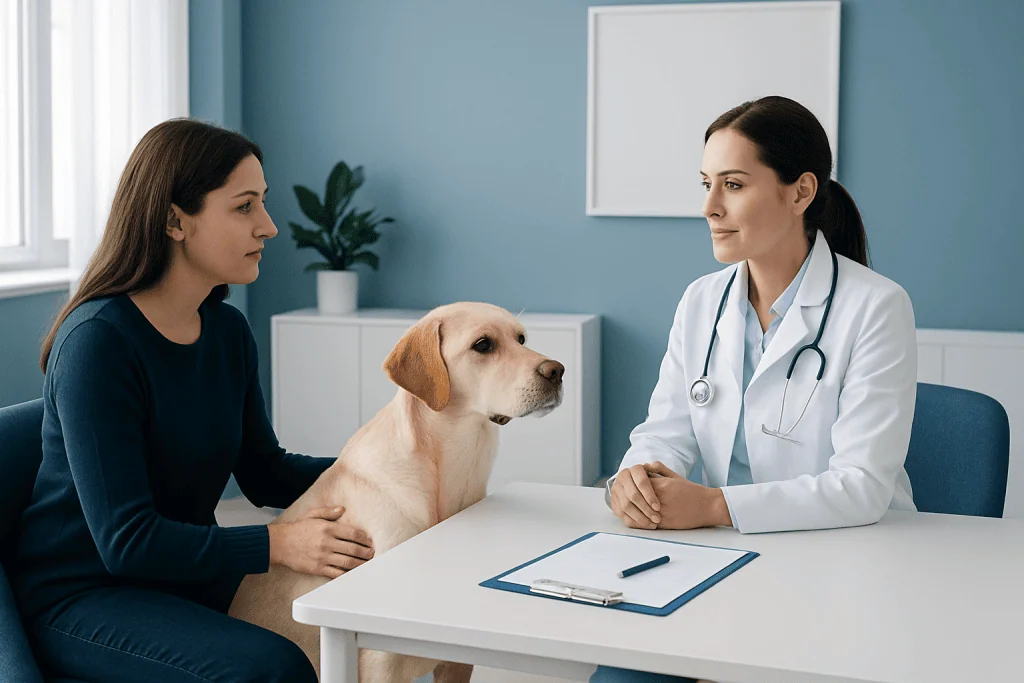 Veterinarian consulting pet owner about dog health at clinic.