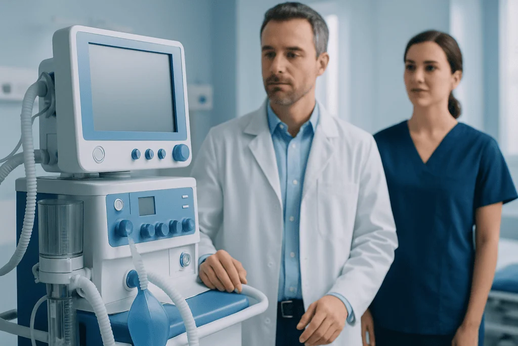 Medical professionals with ventilator in hospital setting.