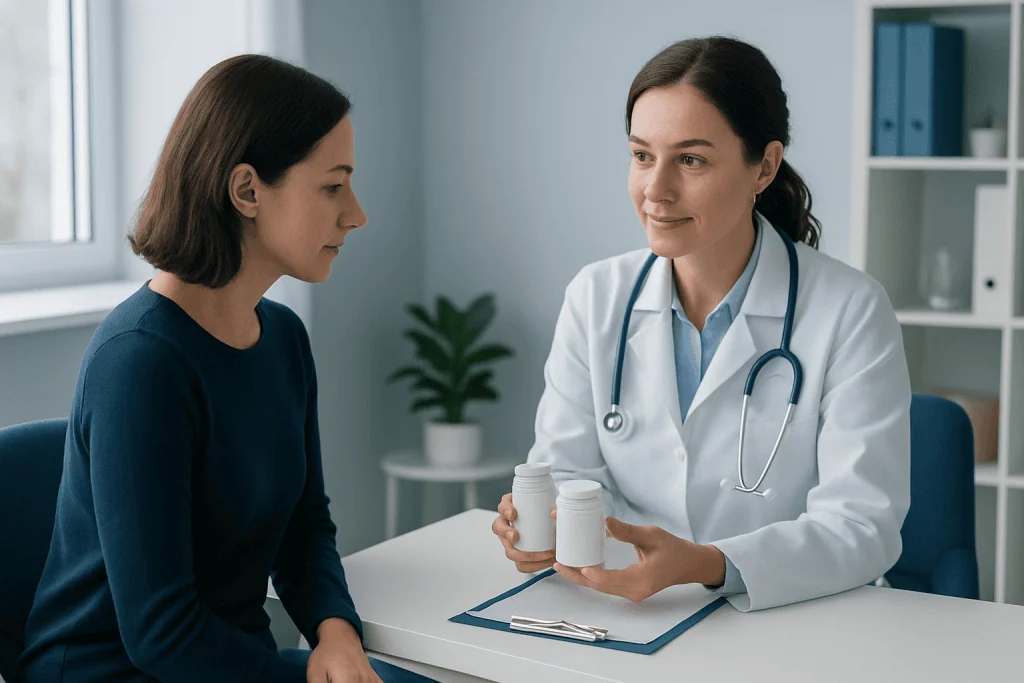 Doctor explaining medication options to a patient in a clinic setting.