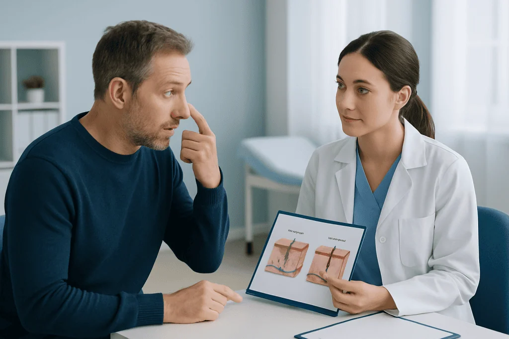 Dermatologist explains skin cancer treatment options to patient with skin diagrams.