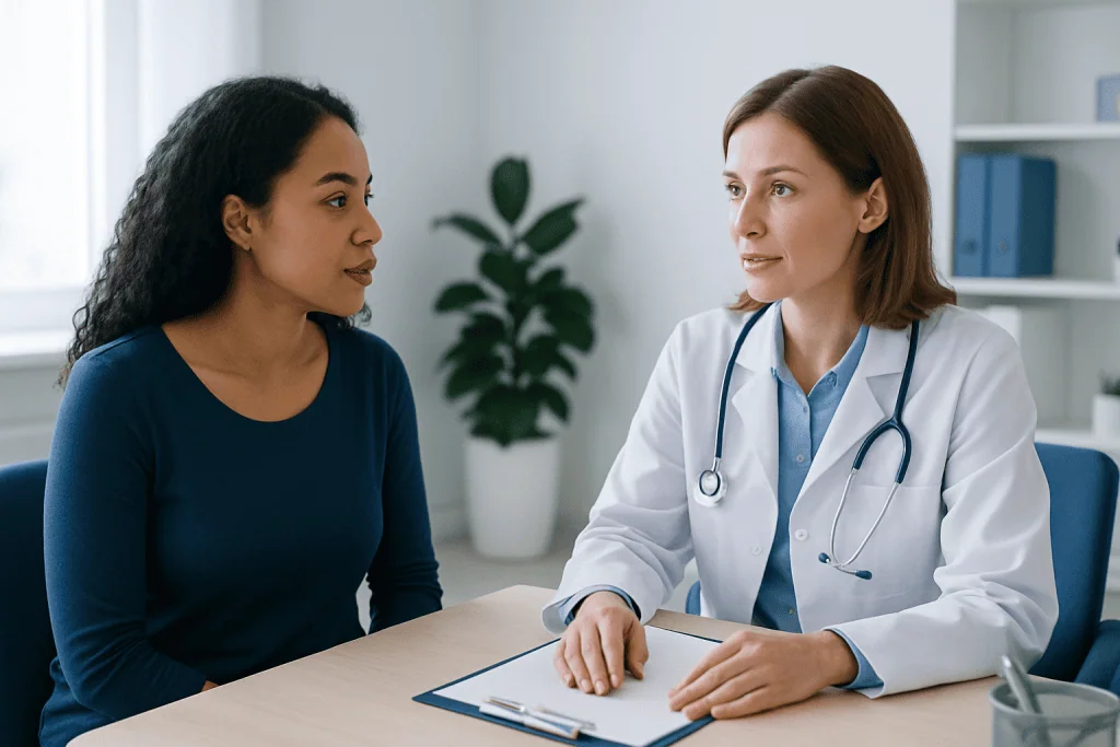 Doctor consulting with a patient in a medical office setting.