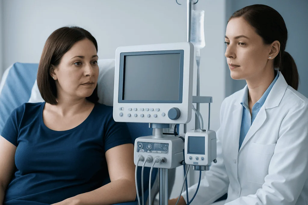 Doctor and patient in a medical consultation with monitoring equipment.