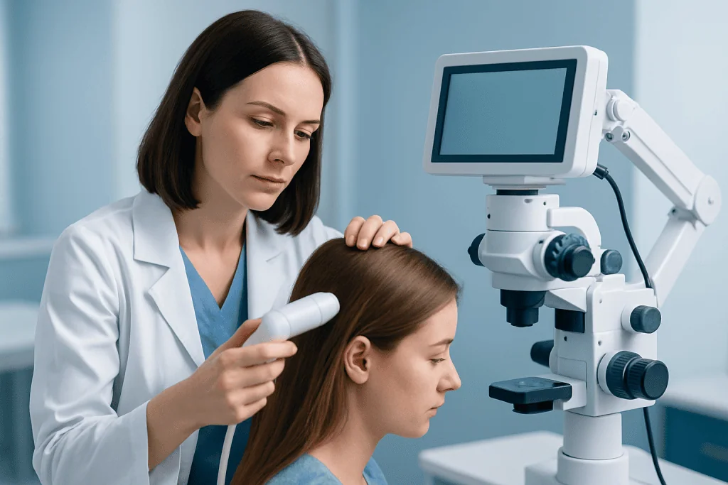 Dermatologist examining a patient's scalp with a specialized microscope.