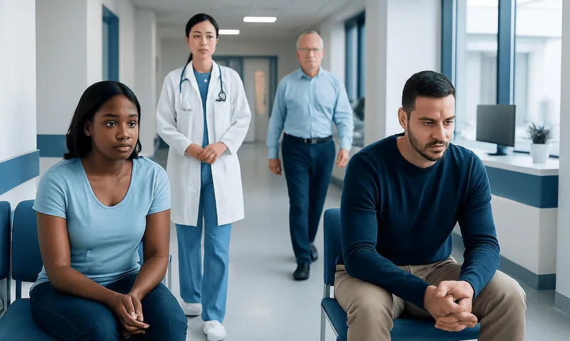 Patients waiting in a hospital corridor with a doctor and staff present.