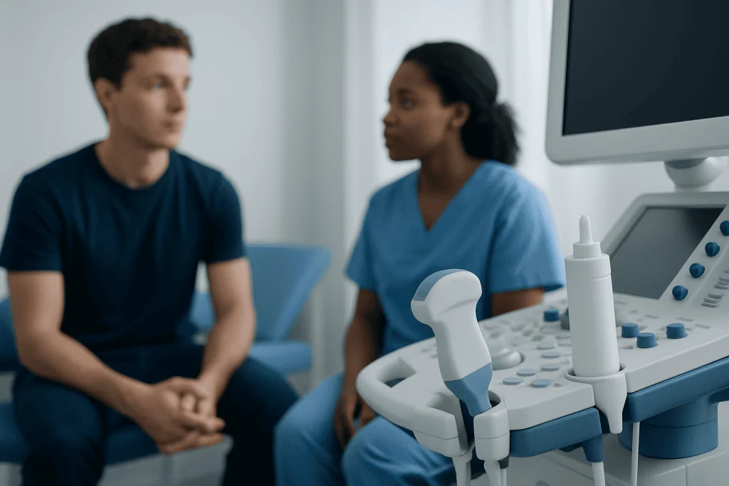 Doctor and patient discussing health in a medical clinic setting.