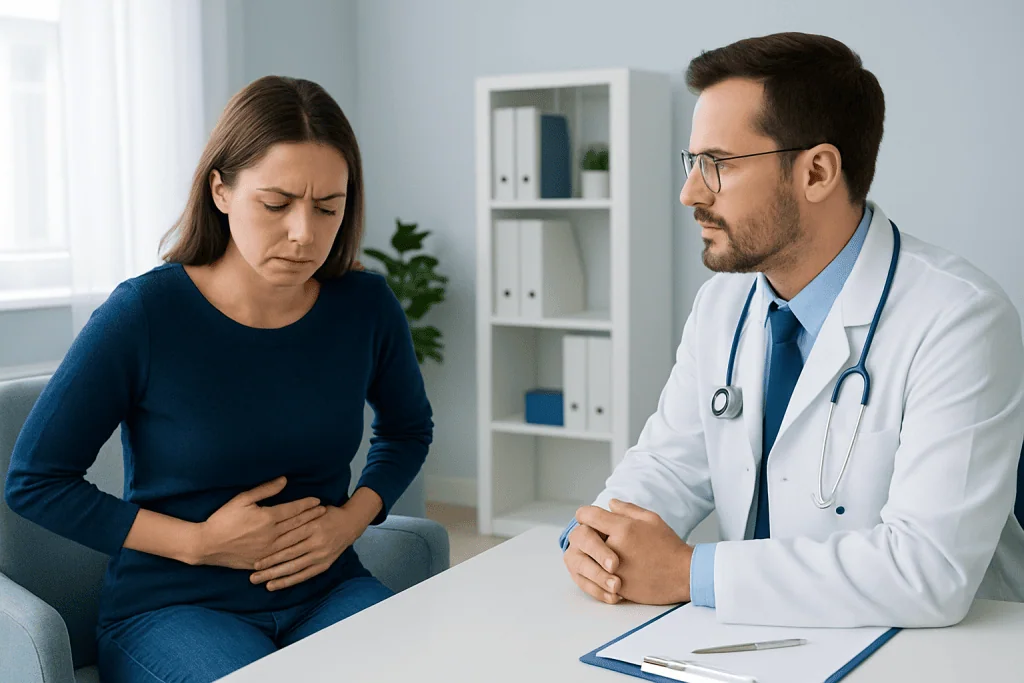 Doctor consulting with a woman experiencing stomach pain in a medical office.