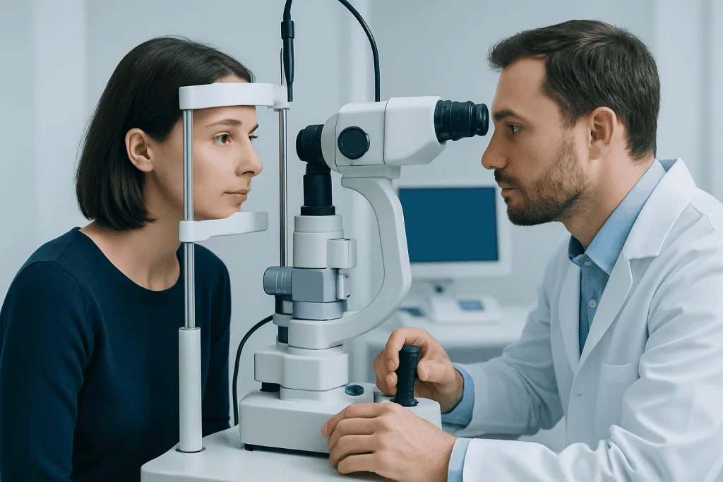 Ophthalmologist examining patient's eyes with slit lamp in clinic.
