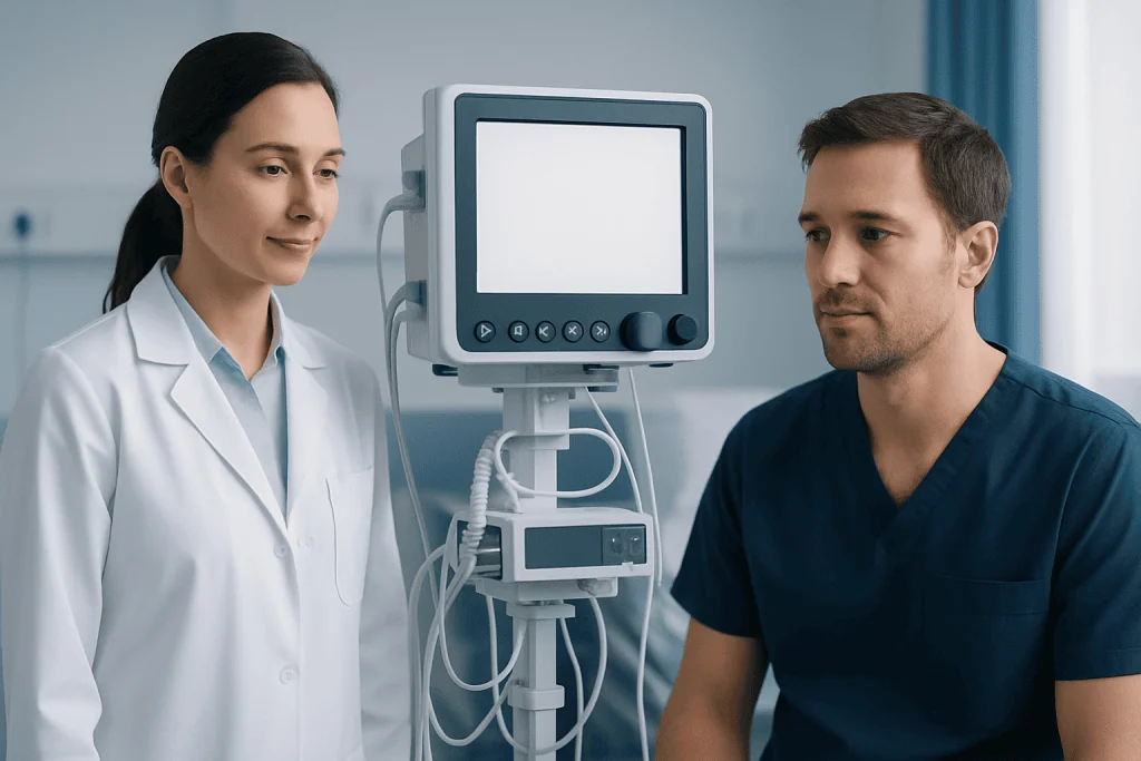 Medical professionals monitoring patient with vital signs equipment at Acibadem Hospital.