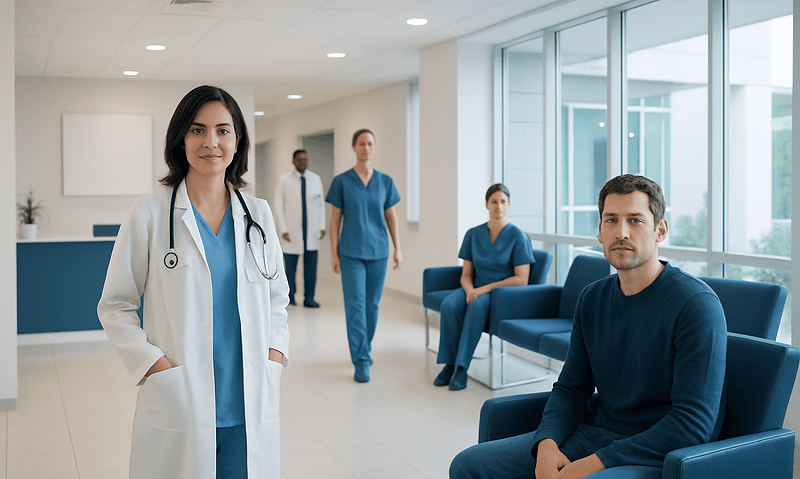 Healthcare professionals in a modern hospital waiting area.