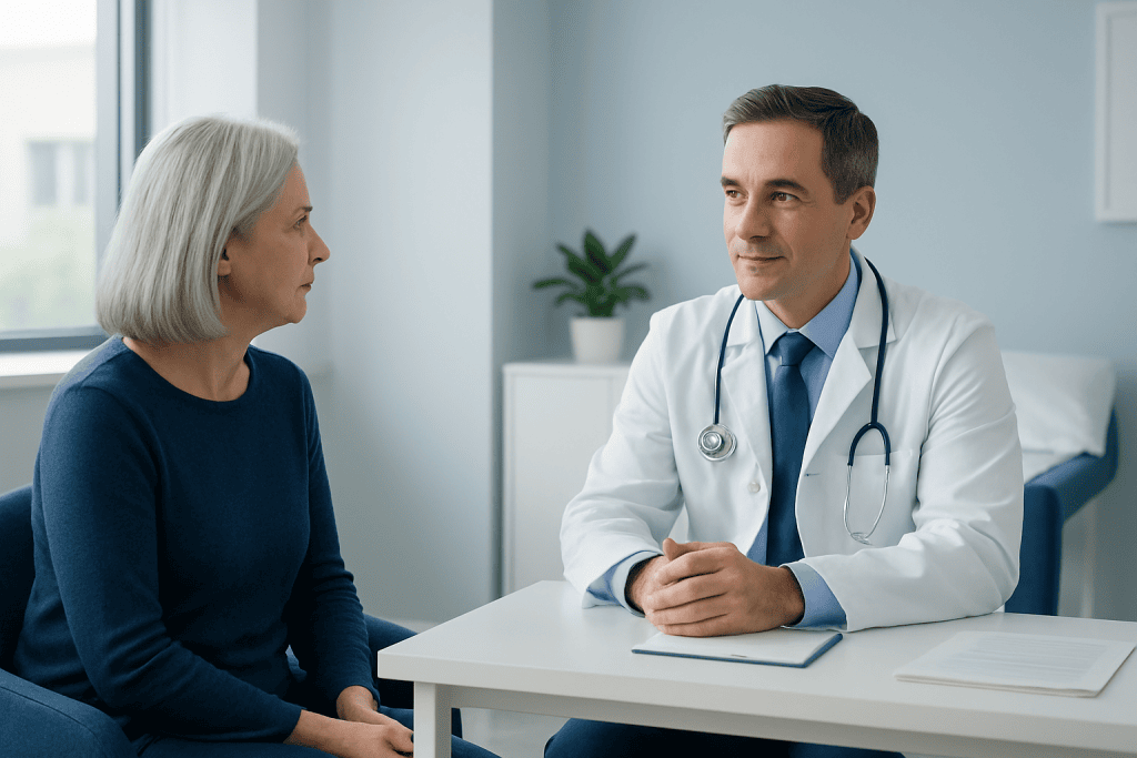 Doctor consulting with an elderly female patient in a medical office.