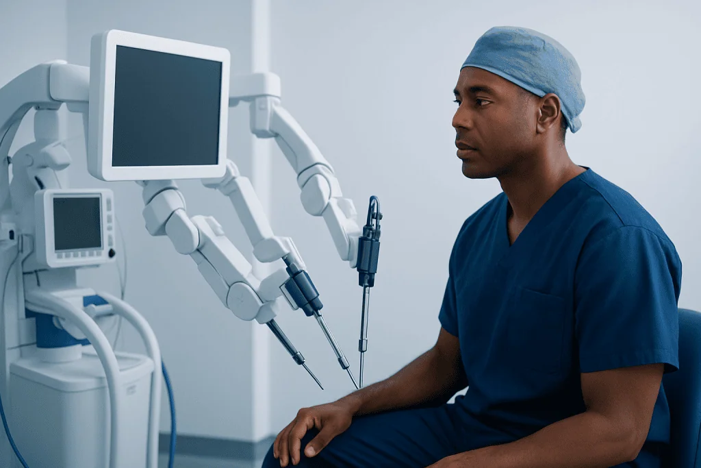Surgeon in operating room with medical robotic equipment.