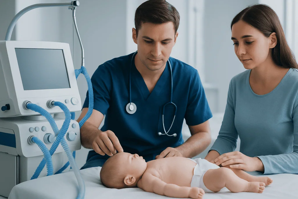 Pediatrician examining a baby in a hospital setting with medical equipment nearby.