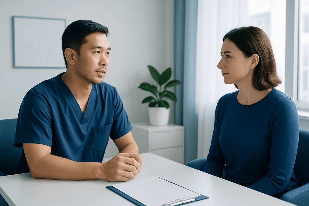 Doctor consulting with a patient in a modern medical office.