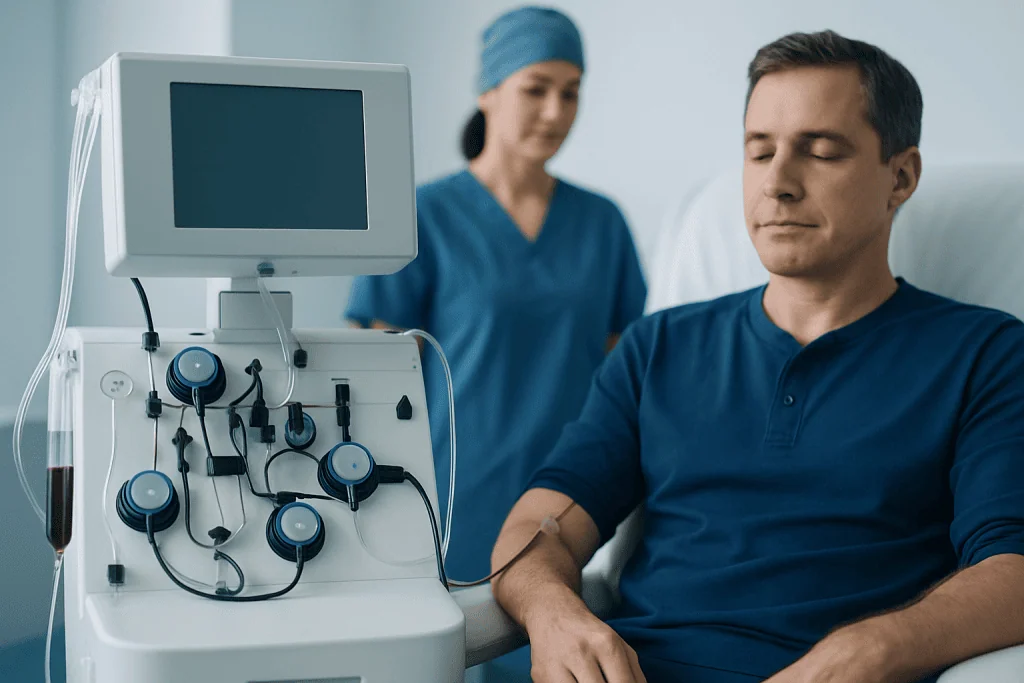 Patient undergoing dialysis treatment with medical staff monitoring.