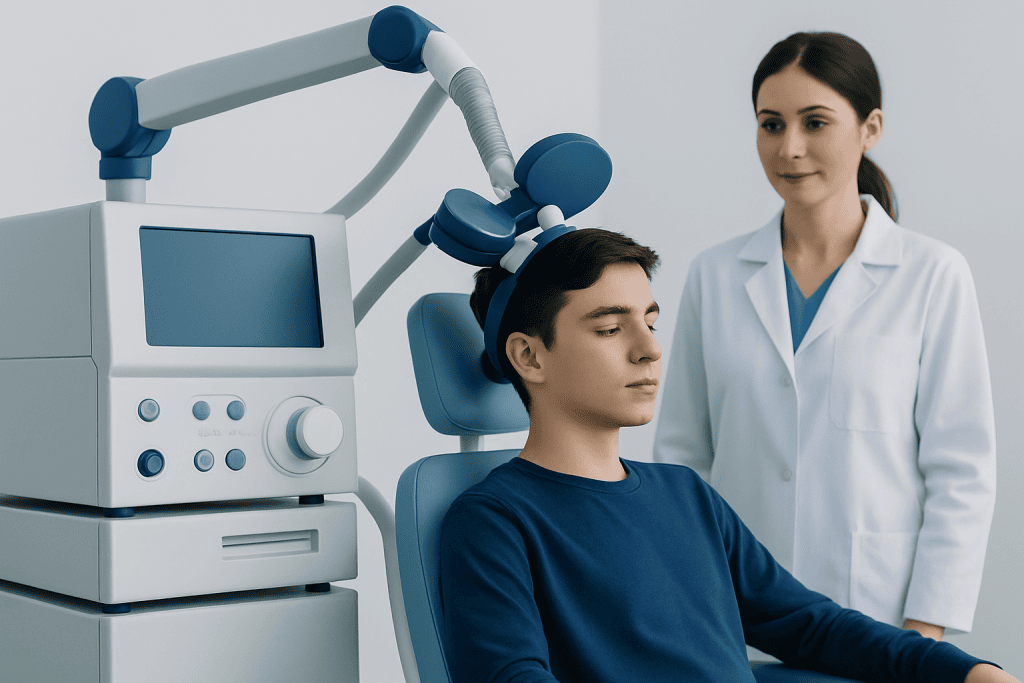 Young patient undergoing neurofeedback therapy for ADHD at a hospital.