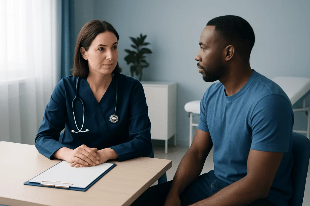 Doctor consulting patient in a medical office setting.