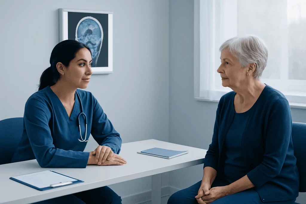 Doctor consulting with elderly patient in medical office with brain scan image.