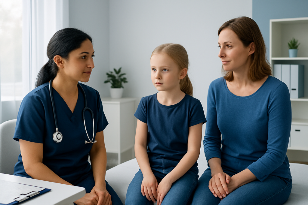 Doctor consulting young girl and mother in a medical office.