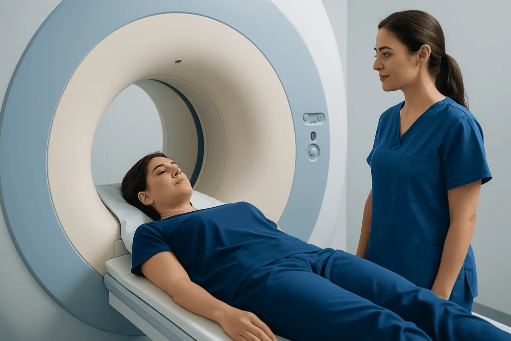 Patient undergoing MRI scan with healthcare professional nearby at Acibadem Hospital.