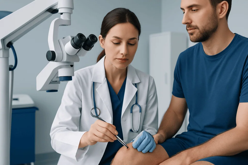 Doctor performing a tick removal procedure on a patient in a medical clinic.
