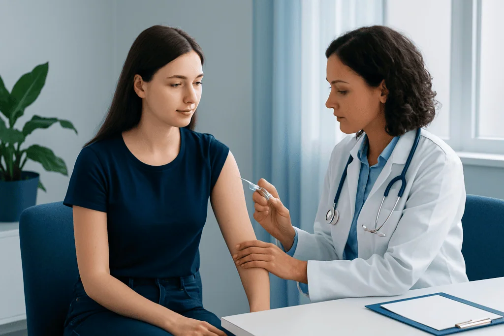 Young woman receiving Gardasil vaccine from healthcare professional.